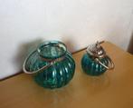 Set van 2 turquoise ronde theelichtjes houders windlicht, Ophalen of Verzenden, Zo goed als nieuw, Overige materialen, Minder dan 25 cm