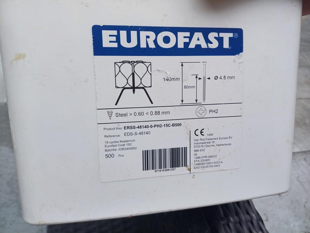 Eurofast Schroeven 4.8x140mm - 500 stuks, Doe-het-zelf en Verbouw, IJzerwaren en Bevestigingsmiddelen, Ophalen of Verzenden, Nieuw
