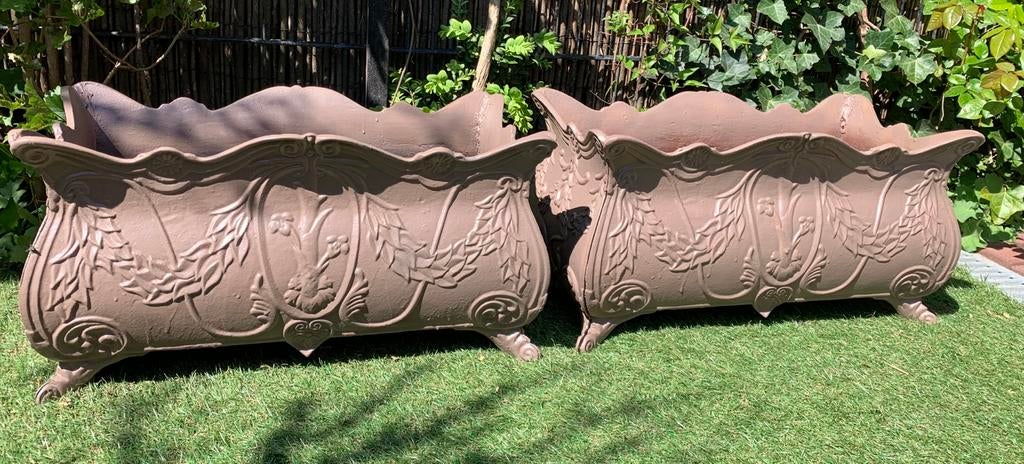 Set gietijzeren bloembakken barok guirlandes, Ophalen, Zo goed als nieuw, Metaal, 60 tot 100 cm