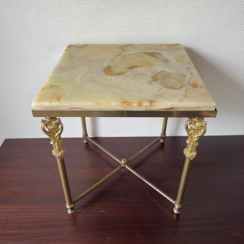 Vintage Koperen Bijzettafel met Onix Marmeren Blad, Vierkant, Minder dan 55 cm, Gebruikt, Metaal of Aluminium, Vierkant
