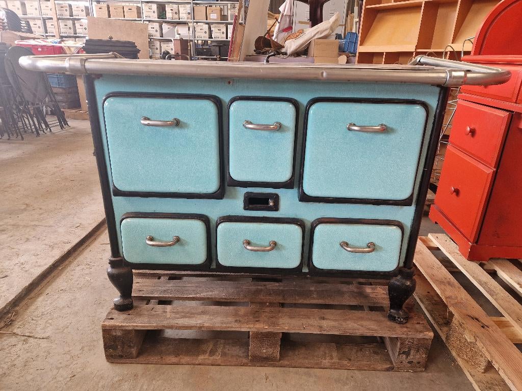 Mooi kleurrijk antiek kolenfornuis emaille en gietijzer, Antiek en Kunst, Ophalen