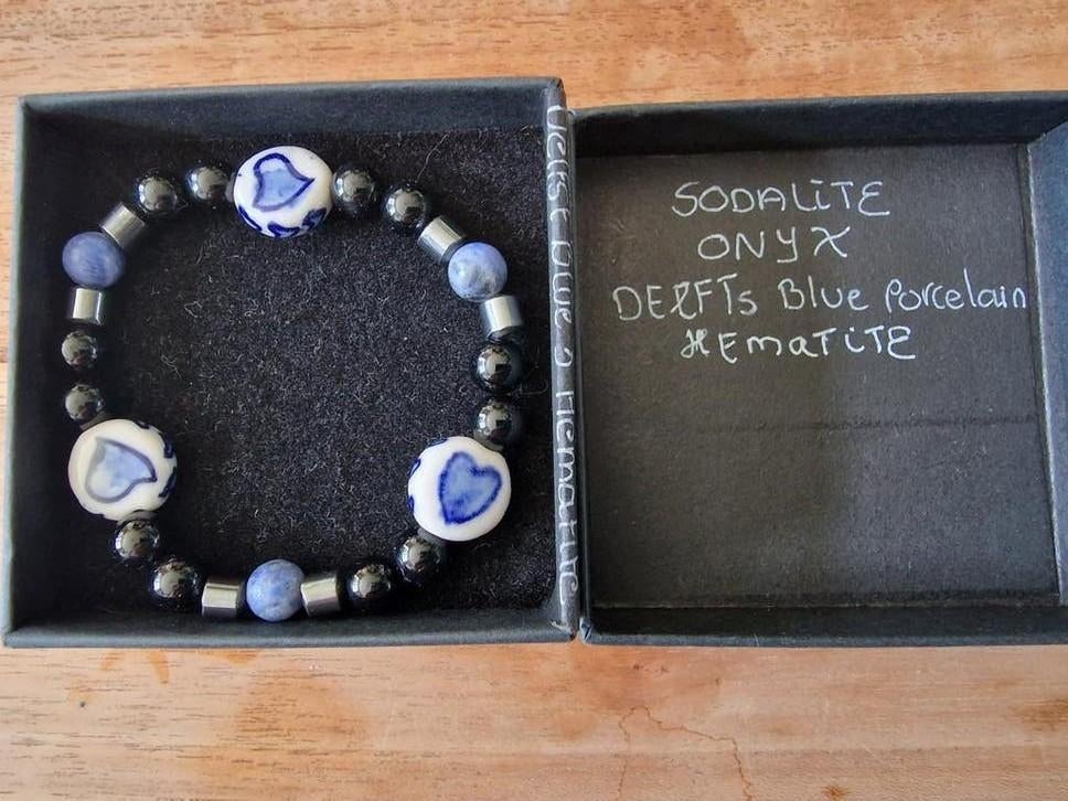 Unieke Armband: Sodalite, Onyx, Hematiet & Delfts Blauw, Overige materialen, Met bedels of kralen, Overige kleuren, Nieuw