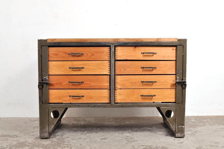 Vintage industriële werkbank ladekast dressoir kookeiland, Huis en Inrichting, Kasten | Ladekasten, Gebruikt, Minder dan 100 cm