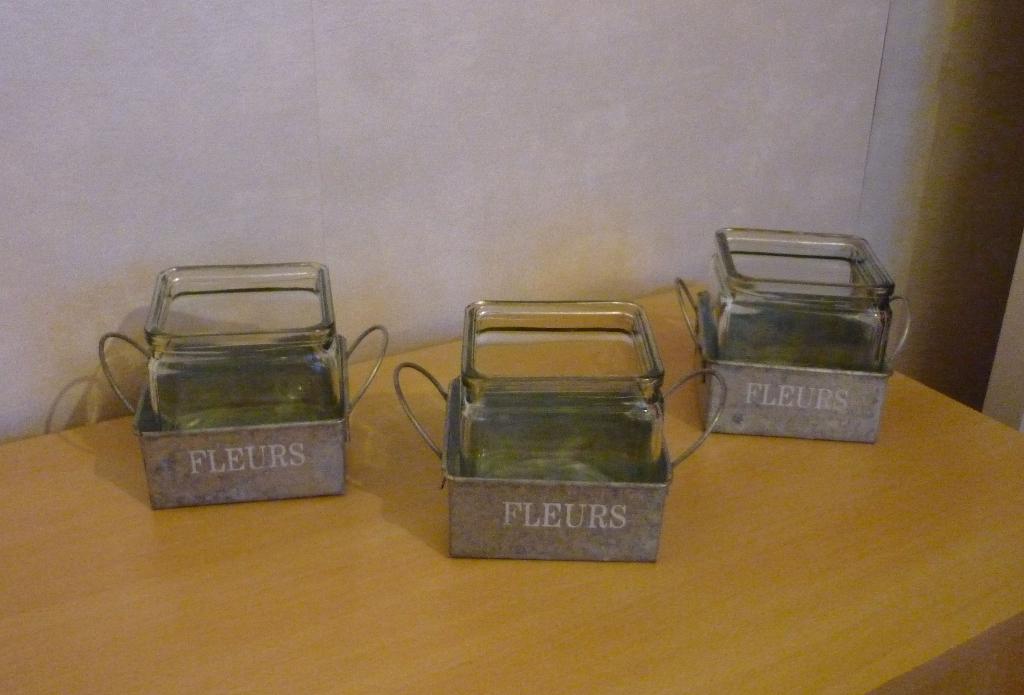 3 glazen bloempotten plantenpotten metalen onderpot schaal, Overige materialen, Vierkant, Ophalen of Verzenden, Minder dan 40 cm