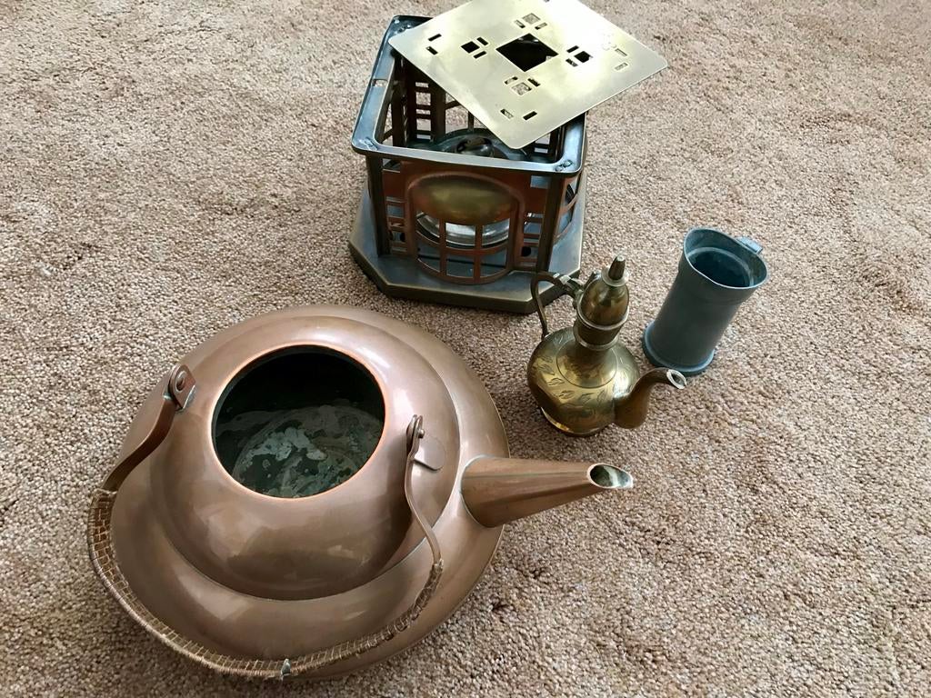 Diverse koperen en tinnen items: theepot, ketel, kachel, Antiek en Kunst, Ophalen of Verzenden, Koper