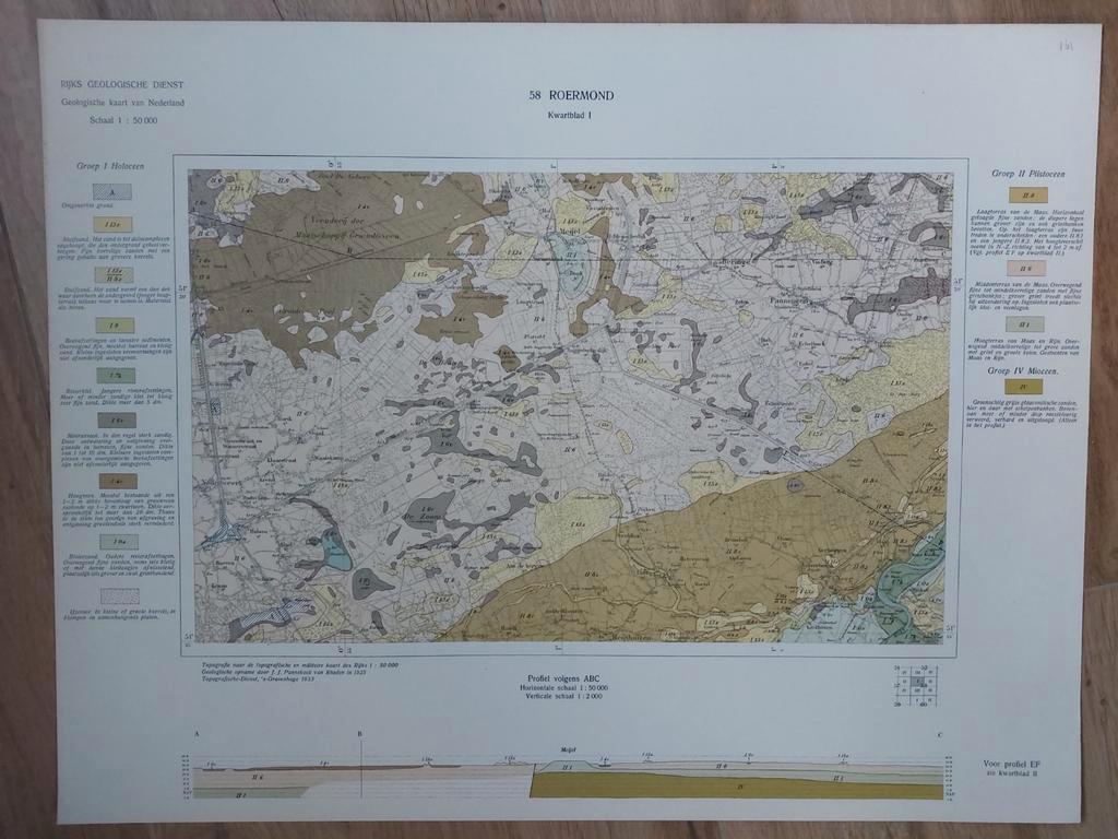 161 / Geologische kaart uit 1933 Roermond e.o. kwartblad I, Boeken, Atlassen en Landkaarten, Ophalen of Verzenden, 1800 tot 2000