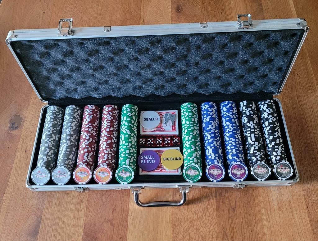 Luxe pokerset, 500 poker fiches met Las Vegas waardeopdruk!, Hobby en Vrije tijd, Vijf spelers of meer, Ophalen of Verzenden, Zo goed als nieuw