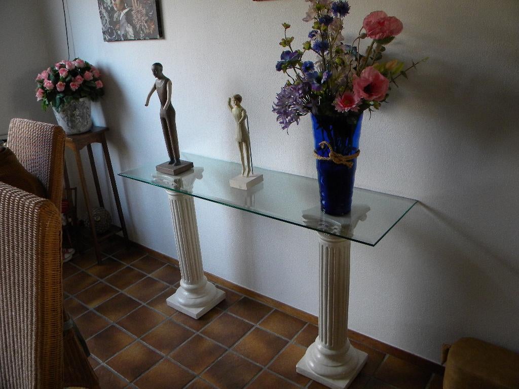 SIDETABLE FACET GESLEPEN GLAZEN BLAD, 2 PILAREN, I.G.S., Huis en Inrichting, Tafels | Sidetables, Ophalen, Gebruikt, 100 tot 150 cm