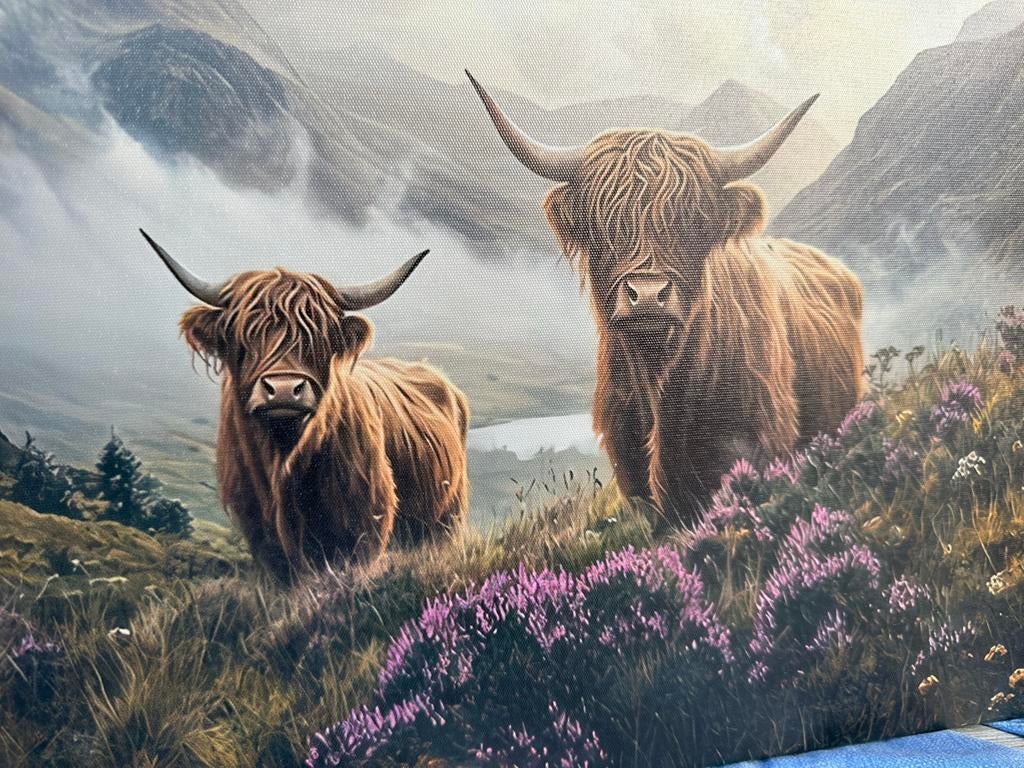 Wanddecoratie Canvas Schotse Hooglanders Moorlandschap, Schilderij, Meerkleurig, Textiel, Nieuw