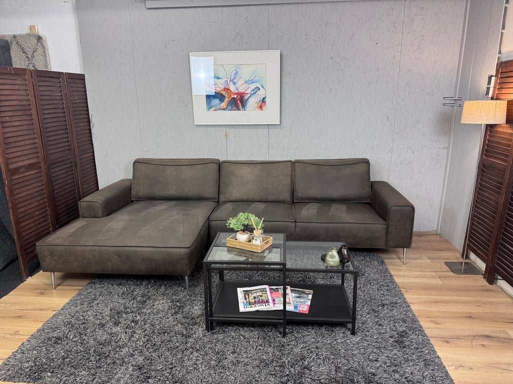 Nette Taupe Loungebank Microleer Refurbished -Gratis Bezorgd, Huis en Inrichting, Banken | Bankstellen, Ophalen of Verzenden, Zo goed als nieuw