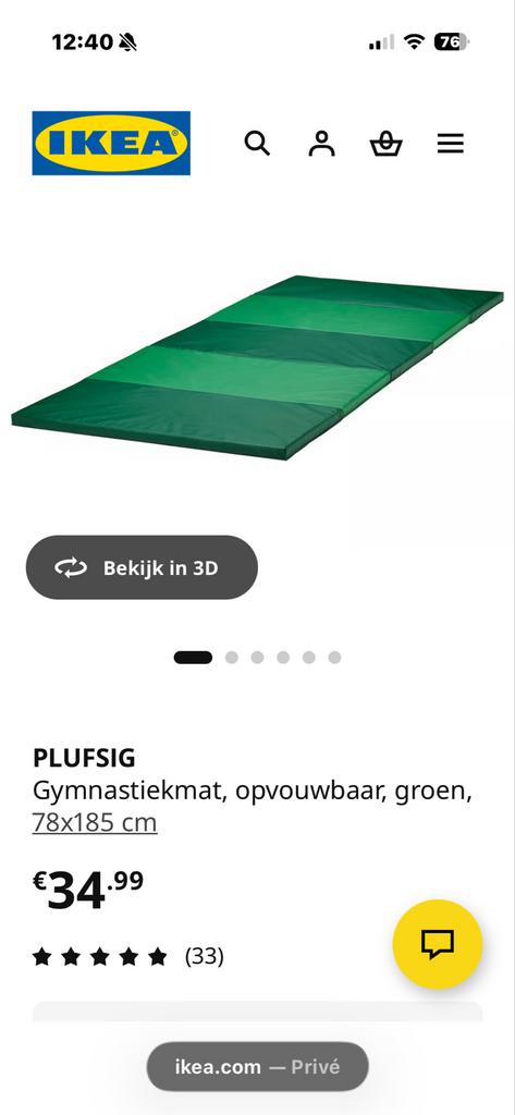 IKEA PLUFSIG Gymnastiekmat, opvouwbaar, groen, 78x185 cm, Ophalen of Verzenden, Gebruikt