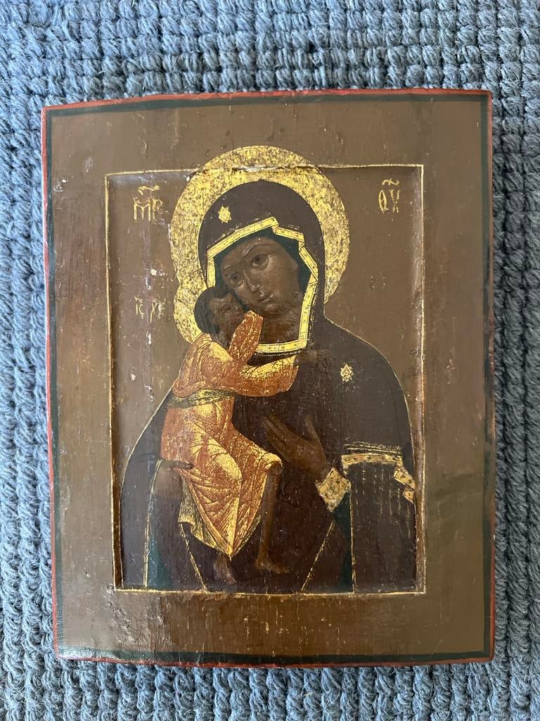 Antieke Russische Icoon: Moeder Gods met Kind, Ophalen