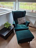 IKEA Strandmon fauteuil groen fluweel met poef, Ophalen, Zo goed als nieuw, 75 tot 100 cm, 50 tot 75 cm