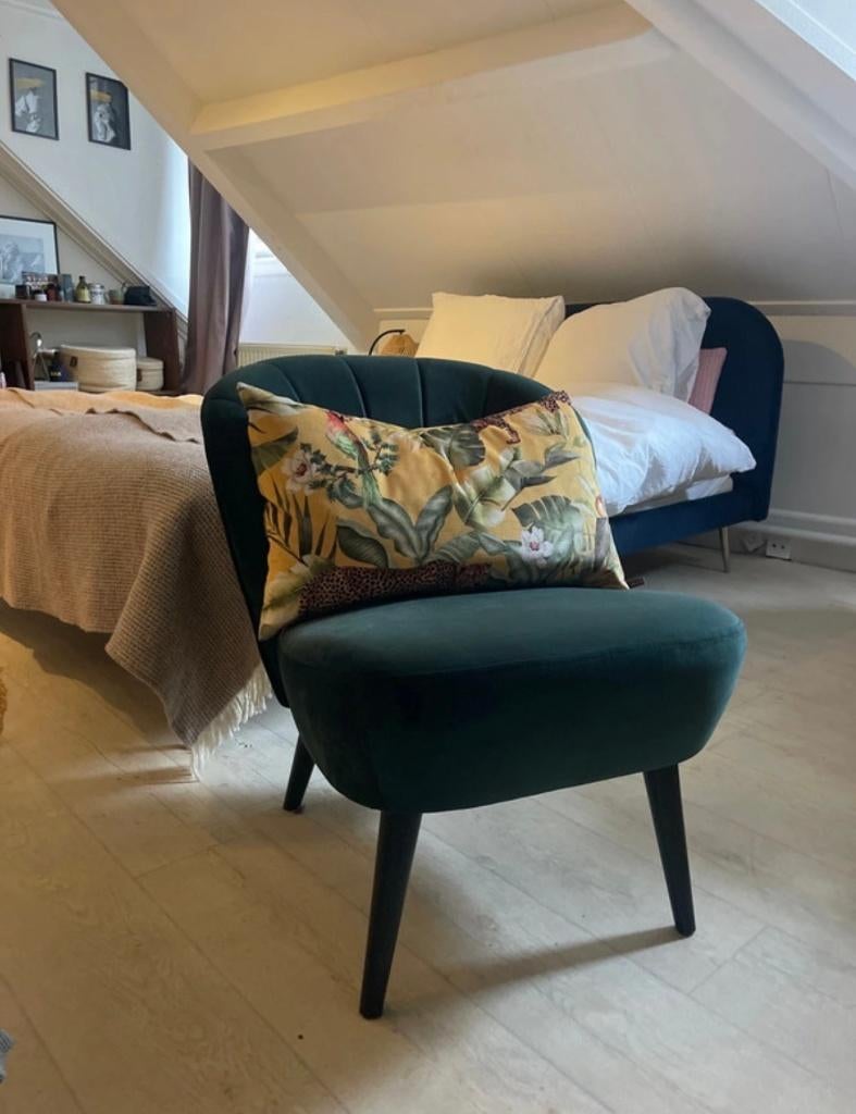 Groene fluweel velvet fauteuil / stoel, Ophalen, Overige materialen, 75 tot 100 cm, Zo goed als nieuw