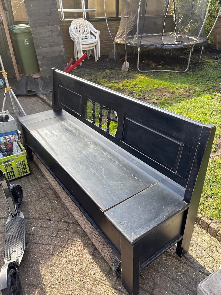 Zwarte houten bank met opbergruimte, Ophalen, Gebruikt, 150 tot 200 cm, Driepersoons