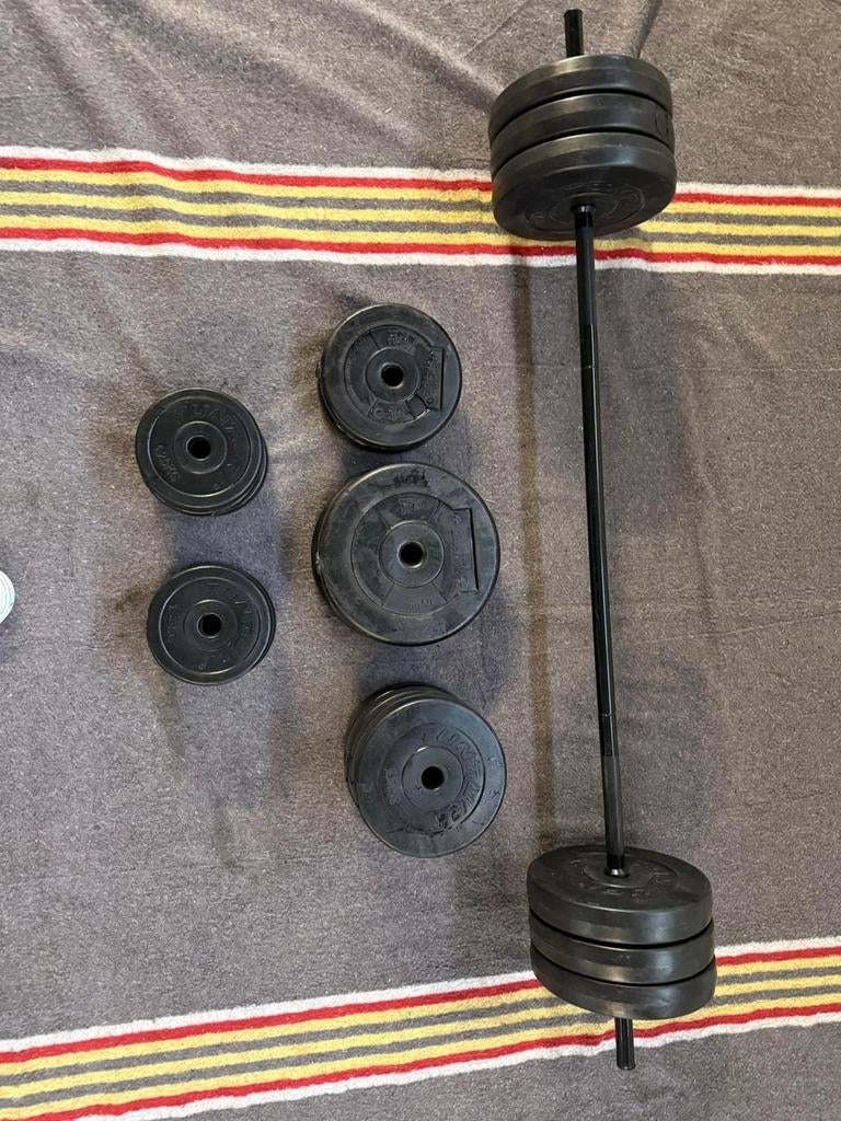 Bodypump set: stang en gewichten (Tun Turi), Sport en Fitness, Ophalen, Gebruikt, Onbekend@voorbeeld.com, Onbekend