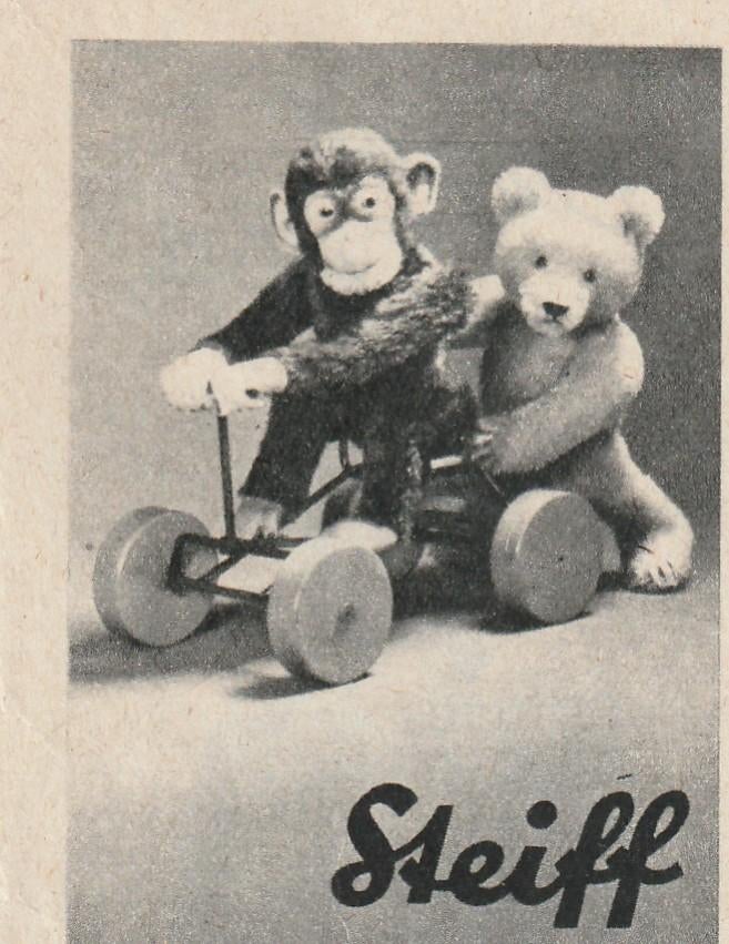 Retro reclame 1950 Steiff knuffels speelgoed beer aap, Verzenden, Overige typen