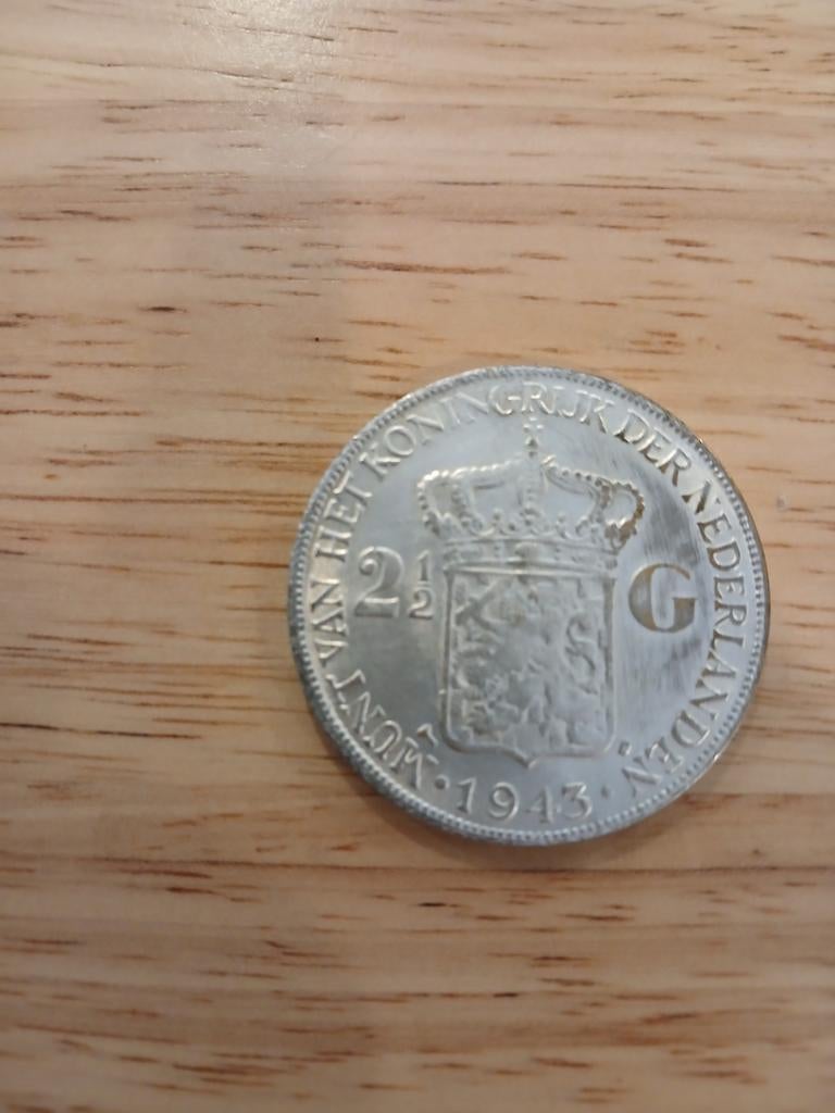 Zilveren 2½ Gulden Munt Koningin Wilhelmina 1943, Zilver, Ophalen of Verzenden, Koningin Wilhelmina, Losse munt