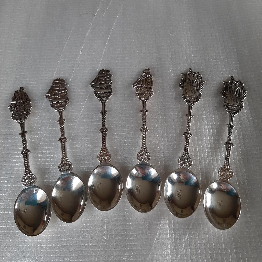 6 verzilverde theelepels Douwe Egberts - H.Hooijkaas schepen, Ophalen of Verzenden