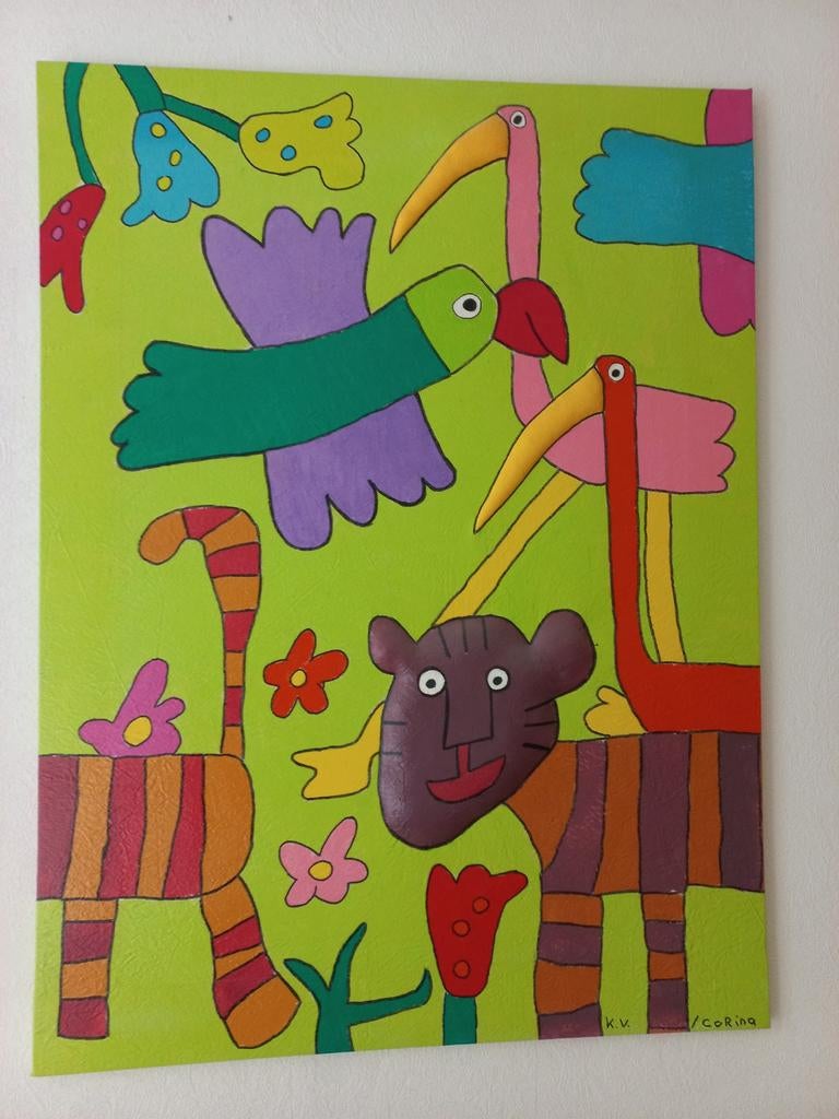 Groot schilderij met leuke 3D details, Ophalen, Zo goed als nieuw, Wanddecoratie