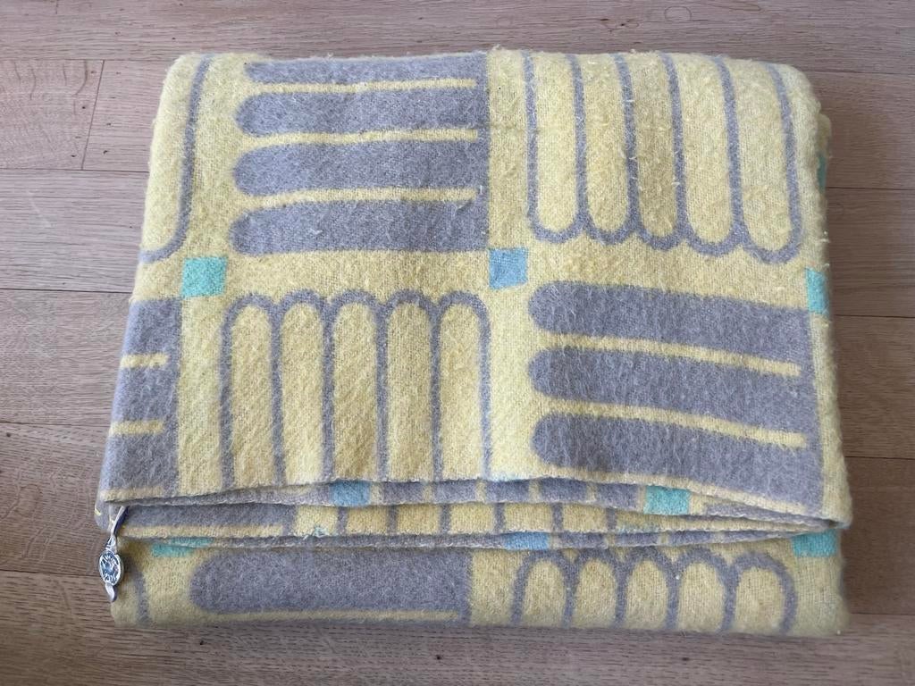 Retro Wollen Deken 180x145cm - Pastel Geel Grijs Mint, Huis en Inrichting, Ophalen of Verzenden, Gebruikt