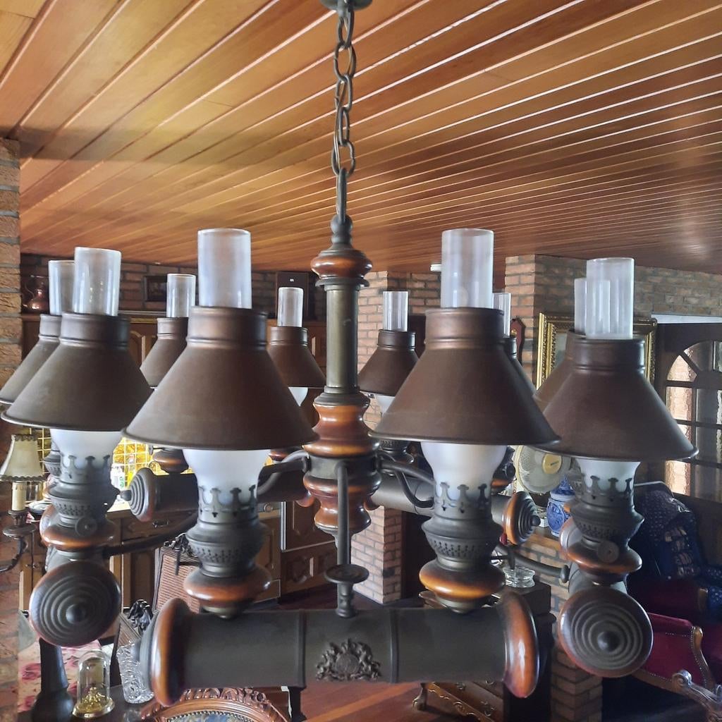 Vintage Kroonluchter - Metaal, Hout, Glas, Ophalen