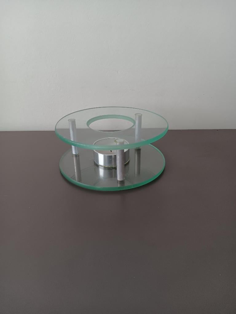 Glazen theelichthouder met metalen accenten modern design, Overige materialen, Gebruikt, Wit, Ophalen of Verzenden