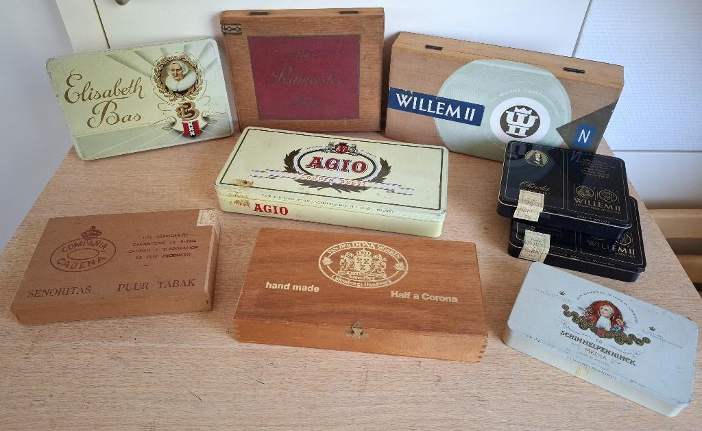 verzameling 9 sigarendoosjes (hout en metaal), Ophalen of Verzenden, Gebruikt, Tabaksdoos of Verpakking