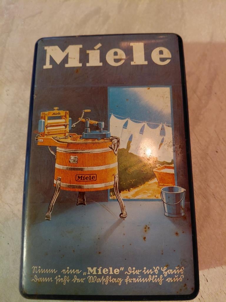 Vintage Miele blikken doos - reclame wasmachine, Ophalen of Verzenden, Gebruikt, Overige