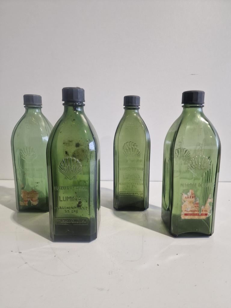 Shell glazen oilie fles  met  bakelite dop, Verzamelen, Ophalen, Gebruikt, Verpakking