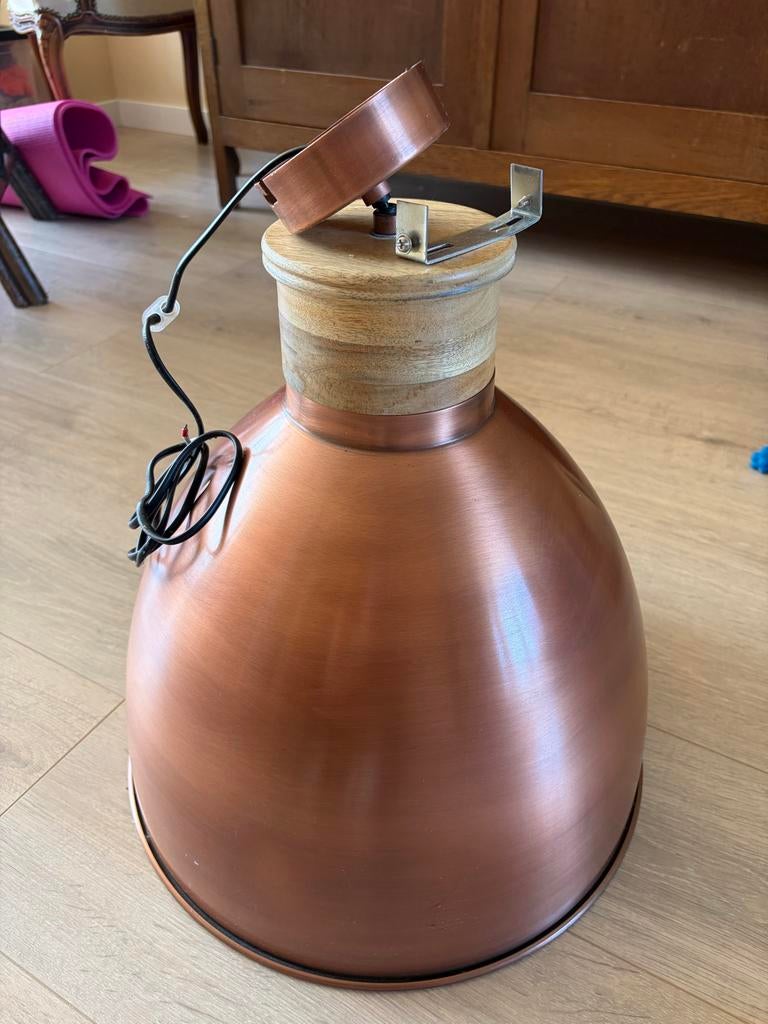 Bronzen hanglamp met houten accent - Modern design, Ophalen, Gebruikt, Metaal, Minder dan 50 cm