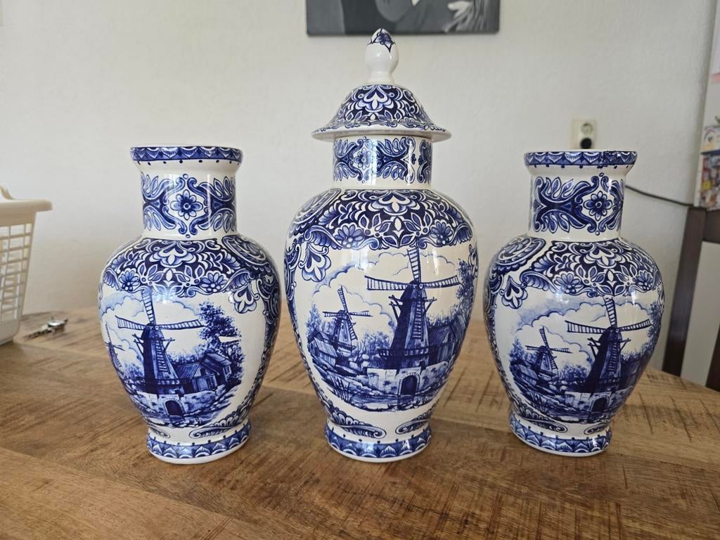 Delfts Blauw Vazen Set van 3 - Molenlandschap, Ophalen