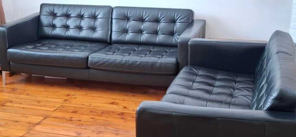 IKEA,  Karlstad/ Landskrona, 2 én 3 zits lederen bank(en)., Huis en Inrichting, Ophalen, Gebruikt, 75 tot 100 cm, Leer