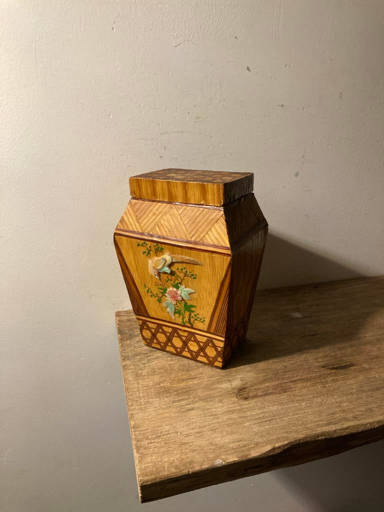 Vintage theebus van balsahout met bamboe 11x9 16 cm hoog, Ophalen of Verzenden