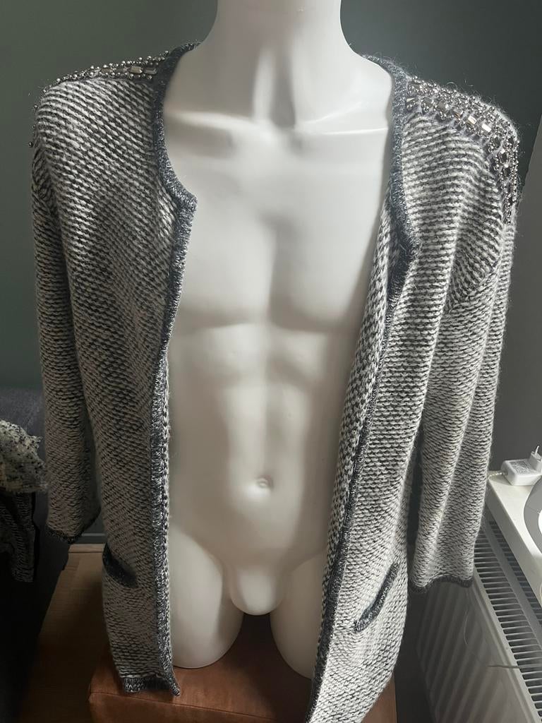 Grijs wit vest L met steentjes en kralen vesten cardigan, Verzenden, Zo goed als nieuw, Maat 42/44 (L), Grijs
