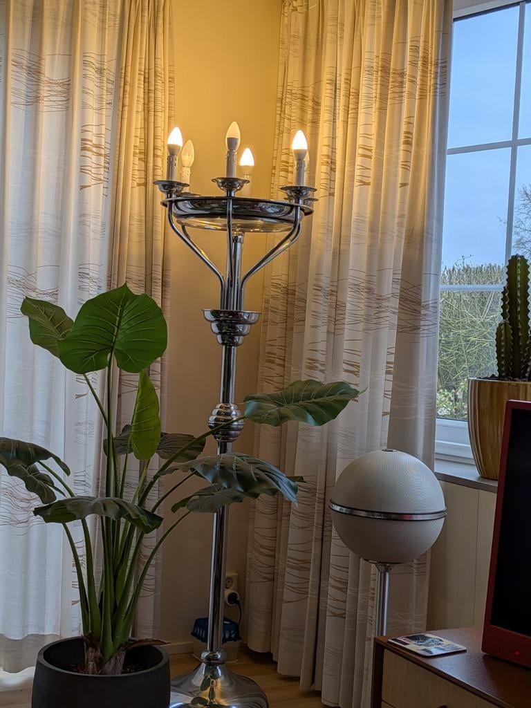 Oude staande lamp met meerdere lichtpunten, Gebruikt, Klassiek, Ophalen of Verzenden, Stof