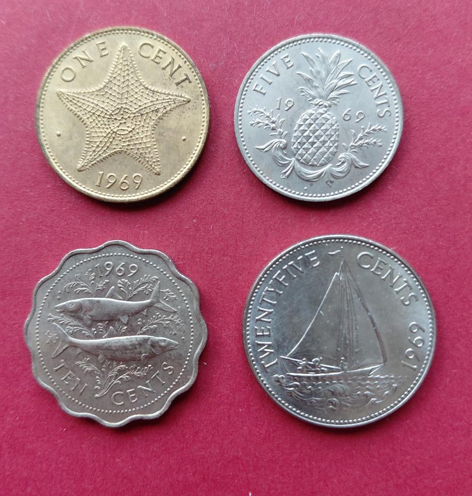 4 x Bahamas 1-5-10-25- cent, 1969, Verzenden, Zuid-Amerika, Losse munt