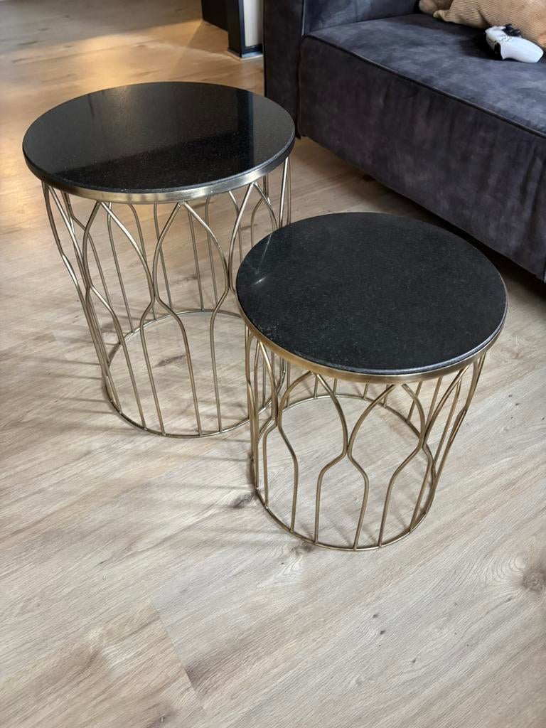 Zwart/gouden marmeren bijzettafel set, Huis en Inrichting, Tafels | Bijzettafels, Minder dan 55 cm, Metaal of Aluminium, Rond