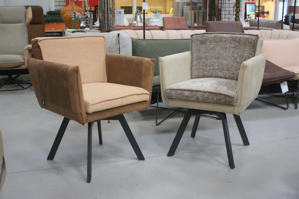 2 luxe eetkamerstoelen armleuningen draaibaar leer & stof, Ophalen, Twee, Overige kleuren, Zo goed als nieuw