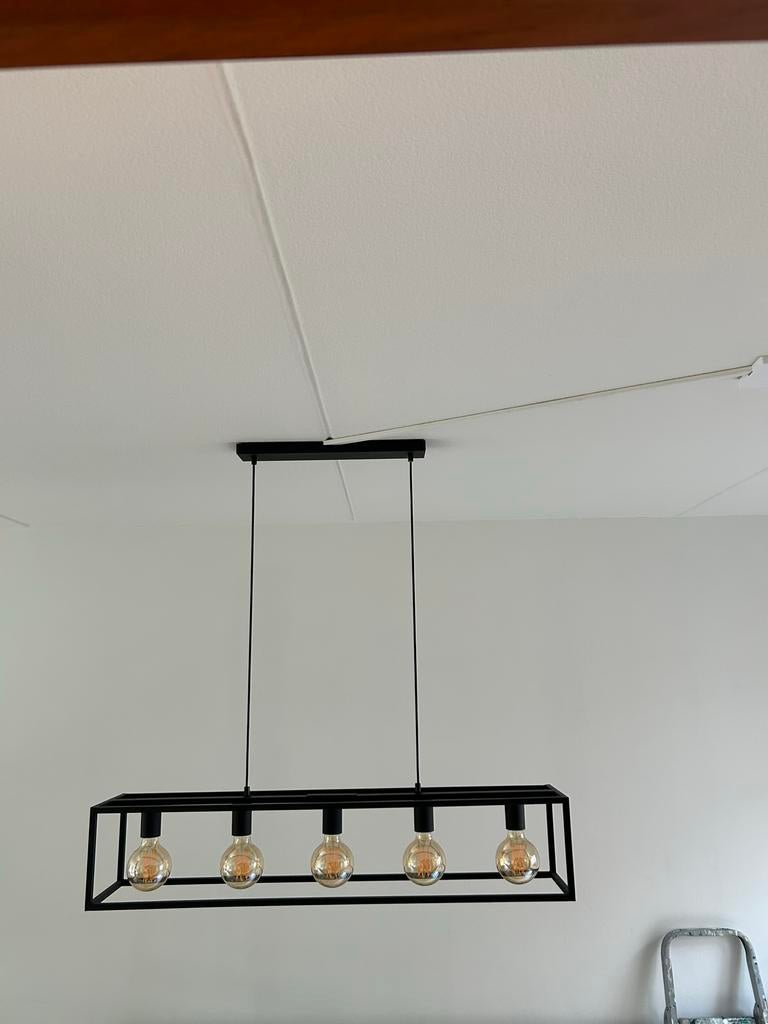 Zwarte industriële hanglamp met 5 LED filament lampen, Ophalen, Zo goed als nieuw, Metaal, 75 cm of meer