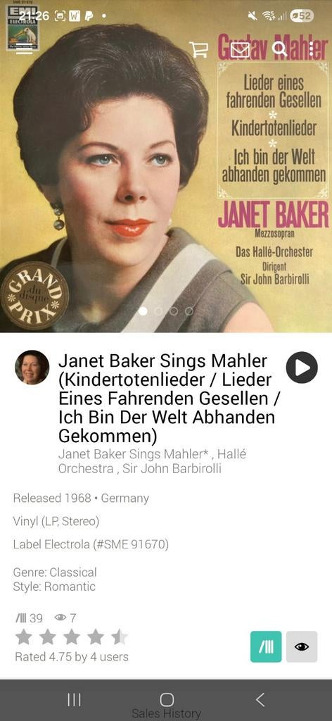 Janet Baker Sings Mahler - Klassieke LP, Cd's en Dvd's, Vinyl | Klassiek, Gebruikt, Ophalen of Verzenden, Romantiek, 12 inch
