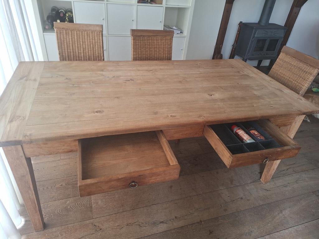 Robuuste houten tafel met lades, Ophalen, Gebruikt, 50 tot 100 cm, Vijf personen of meer