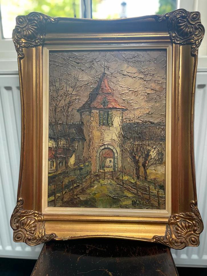 Olieverf Schilderij Stadsmuur Gouden Lijst, Antiek en Kunst, Kunst | Schilderijen | Klassiek, Ophalen of Verzenden