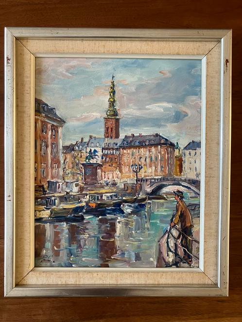 Impressionistisch stadsgezicht Kopenhagen olieverf op board., Antiek en Kunst, Kunst | Schilderijen | Klassiek, Ophalen of Verzenden