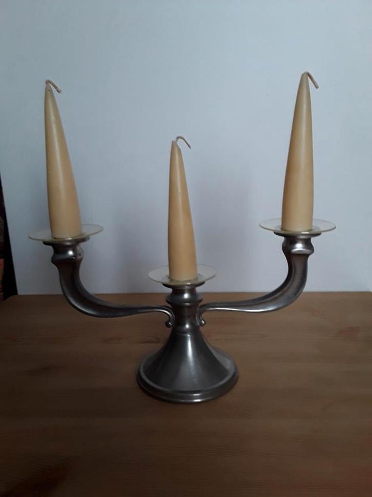 tinnen kandelaar voor 3 kaarsen. merk: Zeister Perwter, Antiek en Kunst, Antiek | Tin, Ophalen of Verzenden