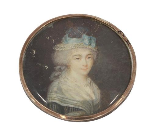 Antiek dames portret handgeschilderd gouden omlijsting ivoor, Sieraden, Tassen en Uiterlijk, Antieke sieraden, Broche, Goud, Met edelsteen