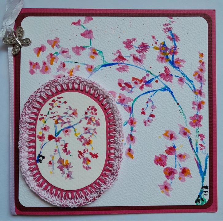 Kaart met bloesem tak, geschilderd met aquarelverf, Hobby en Vrije tijd, Kaarten | Zelfgemaakt, Zo goed als nieuw, Ophalen of Verzenden