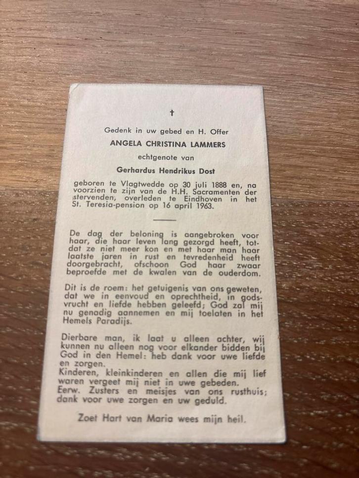 Lammers Angela 1888 Vlagtwedde 1963 Eindhoven x Dost -25092, Verzamelen, Bidprentjes en Rouwkaarten, Bidprentje, Ophalen of Verzenden