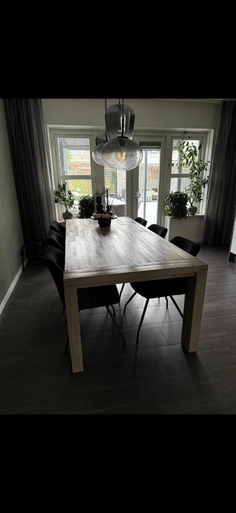 4x Smokey glazen hanglampen aan eikenhouten plaat, Huis en Inrichting, Tafels | Eettafels, Ophalen
