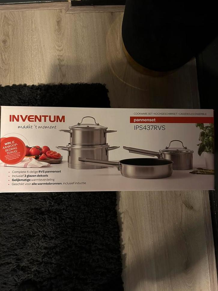 Nieuw in doos 7 delig INVENTUM IPS437RVS RVS PANNENSET, Huis en Inrichting, Keuken | Potten en Pannen, Nieuw, Pannenset, Rvs, Inductieplaat